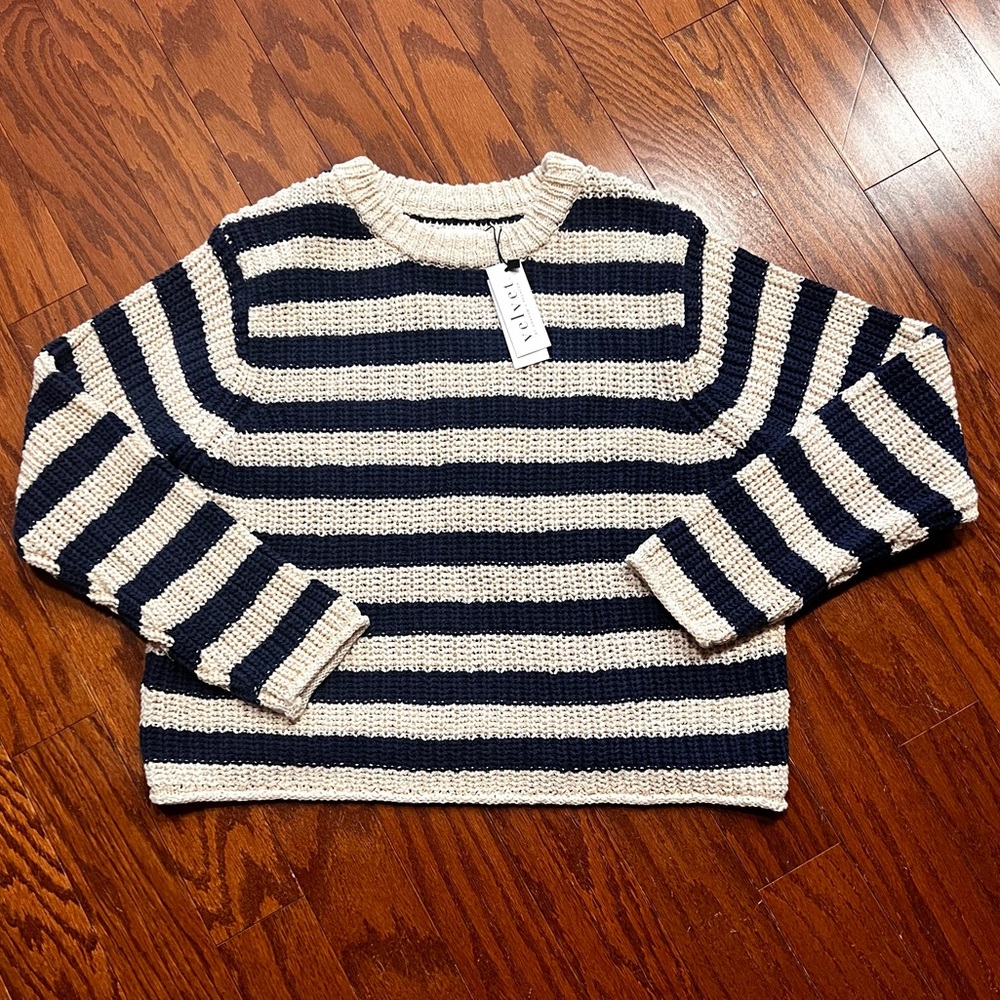 Velvet by Graham & Spencer Small Navy Blue and Ivory Stripe Sweater - Picture 6 of 15
